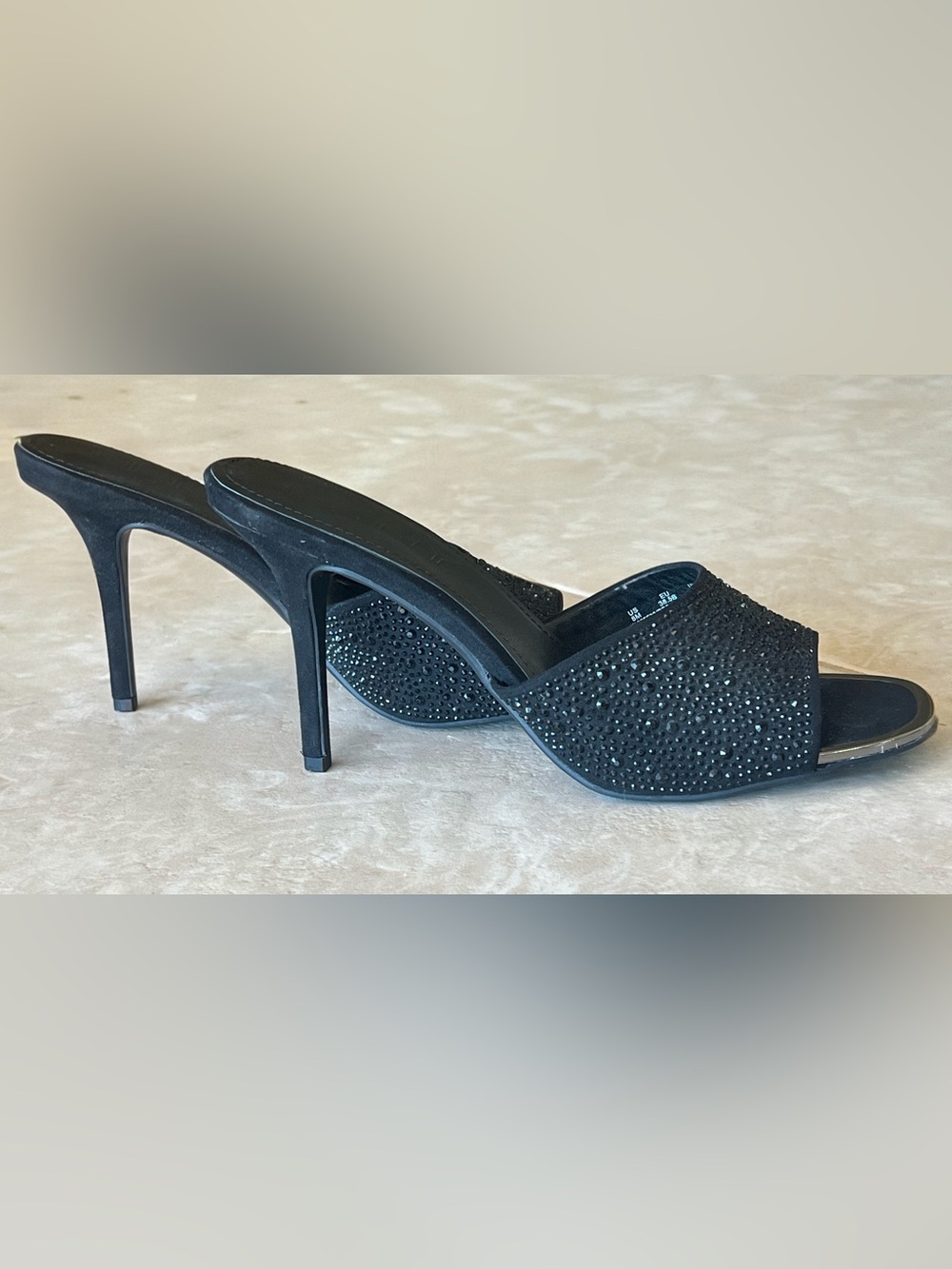 DKNY Mina Black Rhinestone Heeled Mules Slip On Peep Toe Stiletto Sandals Sz 8